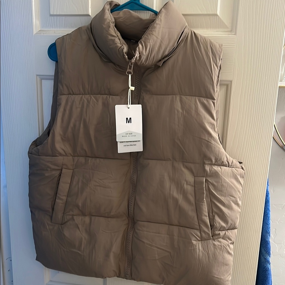 Tan Puffer Vest with Attached Hoodie